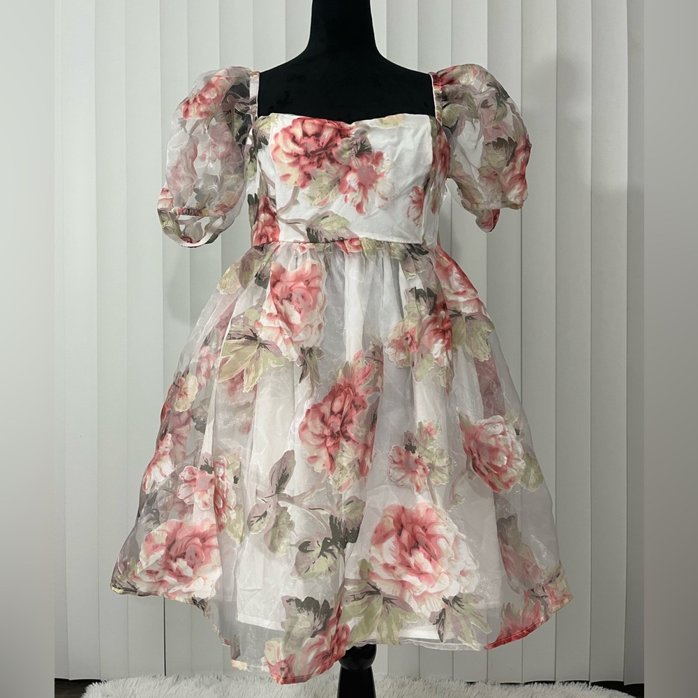 SUGAR THRILLZ Darling Rose Floral Print Organza Babydoll Cupcake Mini Dress M